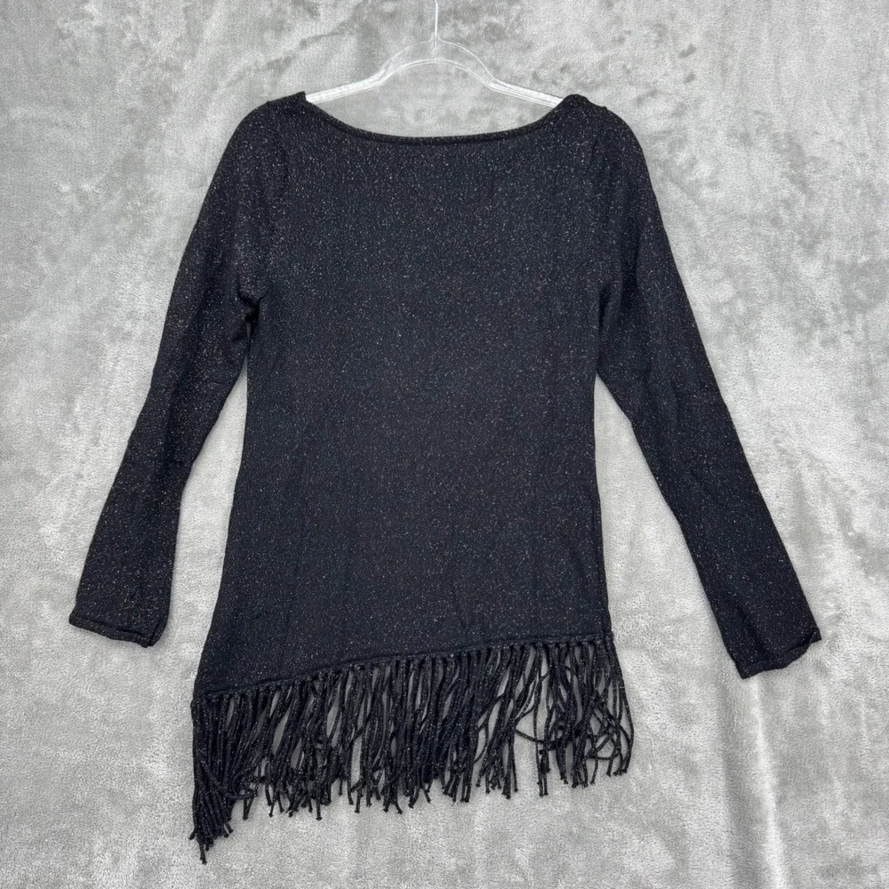 White House Black Market Sweater Womens Medium Metallic Fringe Hem Pullover Knit